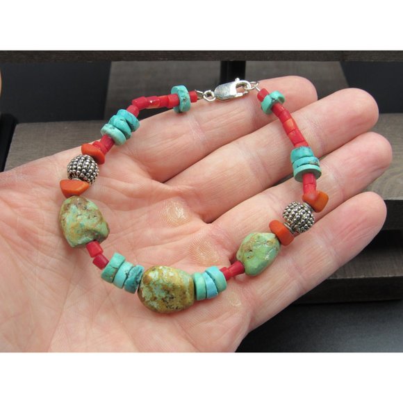 8 Inch Sterling Silver Red Shell And Turquoise Stones Bracelet - Picture 2 of 6